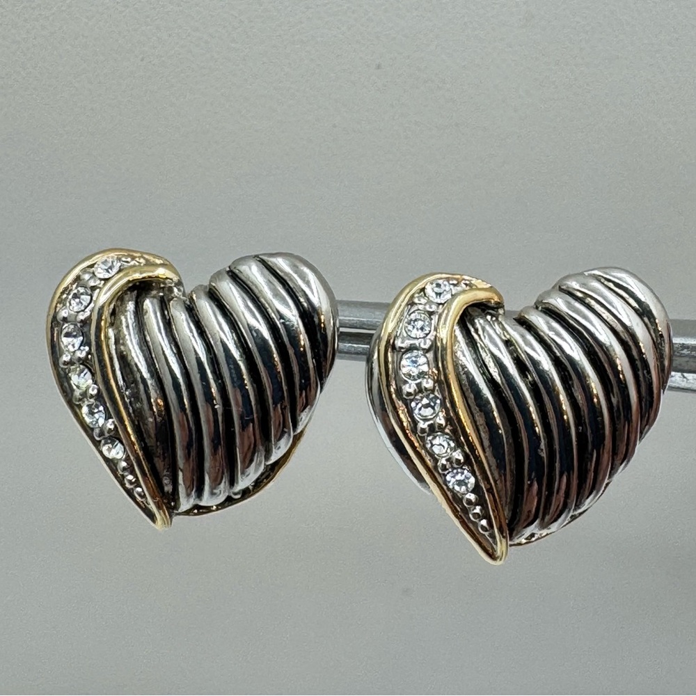 Silver Tone Heart Stud Earrings Rhinestone Two-Tone Textured Love Design